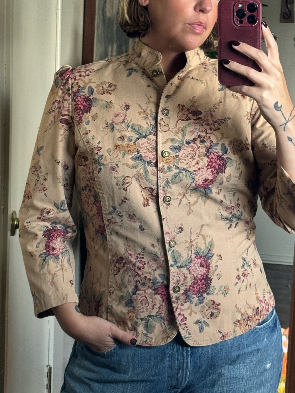 ★CHAPS★総柄シャツ★Mサイズ★90s 90s Chaps Beige Floral Mandarin Collar Blazer - Gem